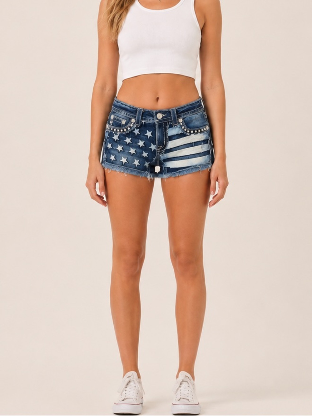 Miss Me Rhinestone Stars & Stripes American Flag Distressed Jean Shorts 27